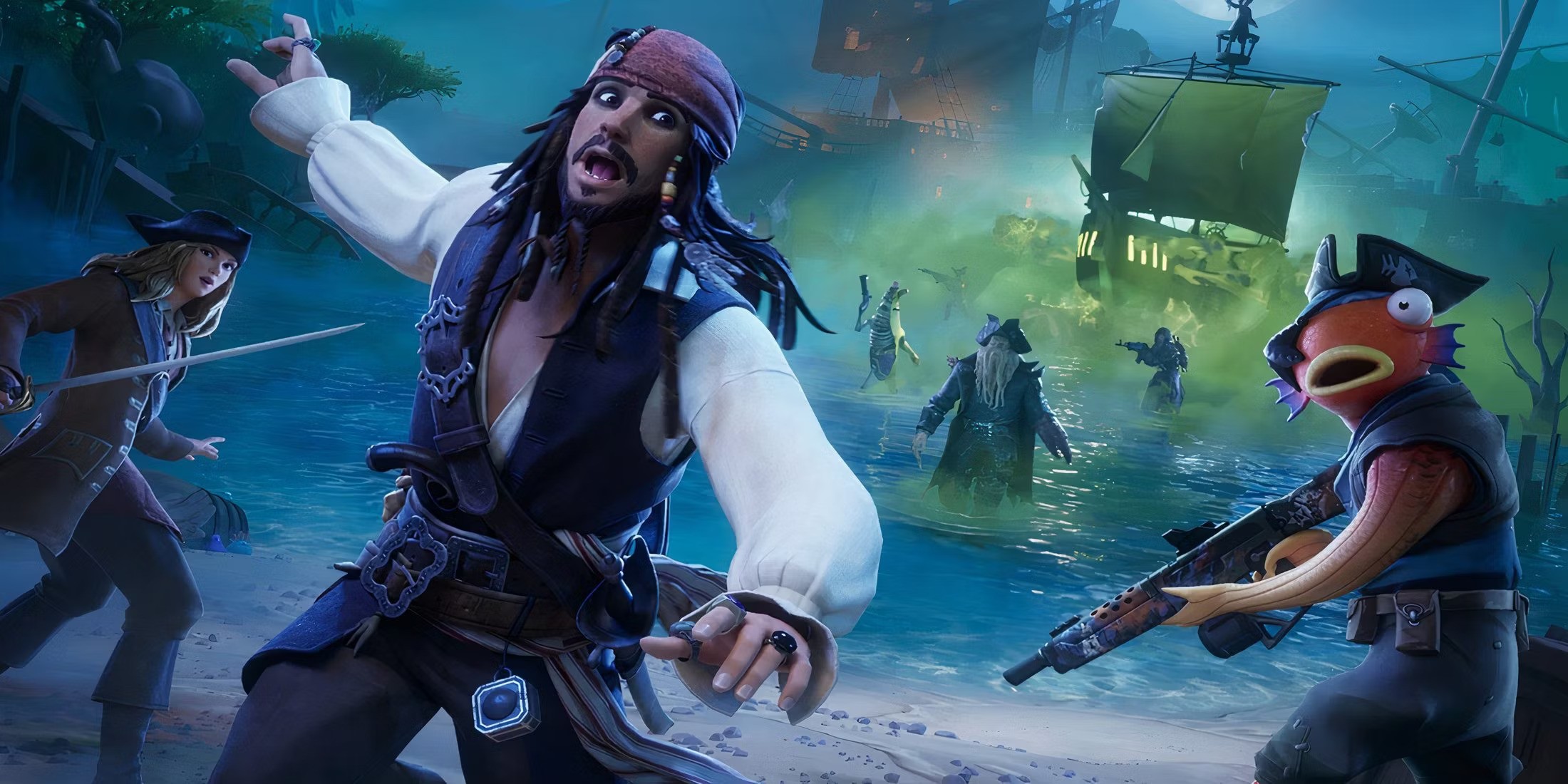 Jack Sparrow running from Davy Jones in Fortnite.