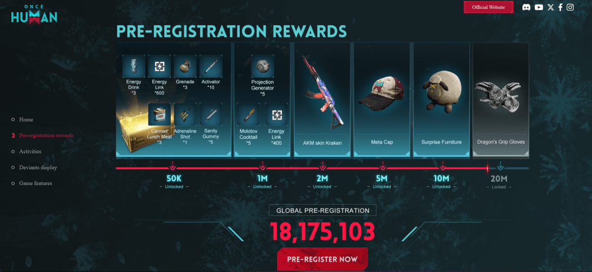 Image of the current number of players pre-registered and the pre-registration rewards in Once Human