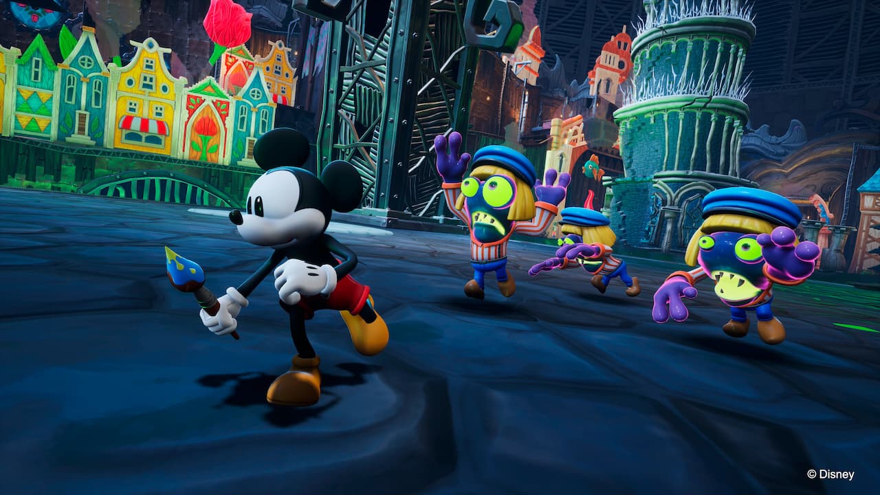 Epic Mickey Rebrushed, Mickey Mouse being chased by strange, squat creatures.