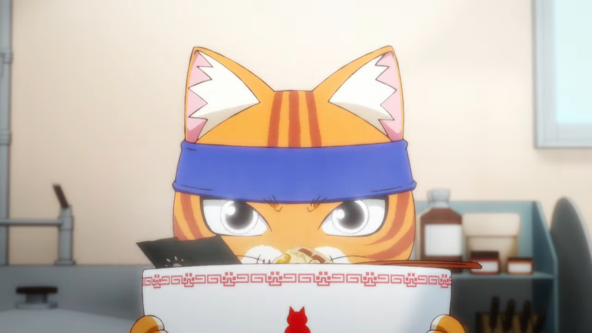 The cat eating ramen in the Red Cat Ramen anime.