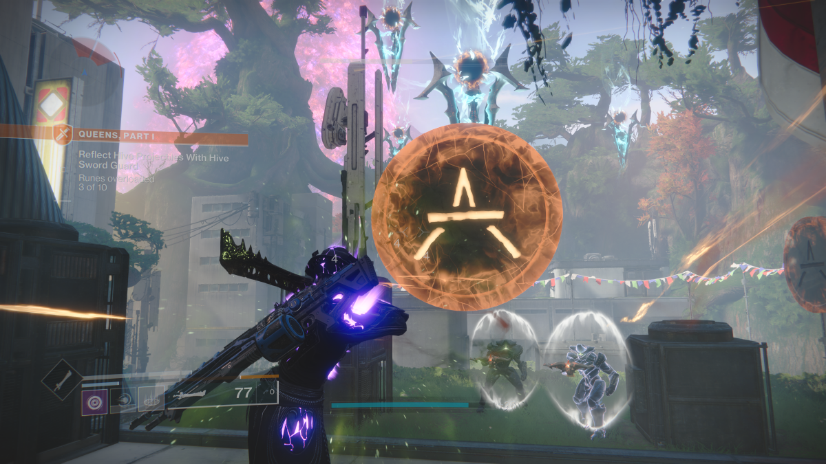 Image of guardian reflecting energy back at a rune in Destiny 2
