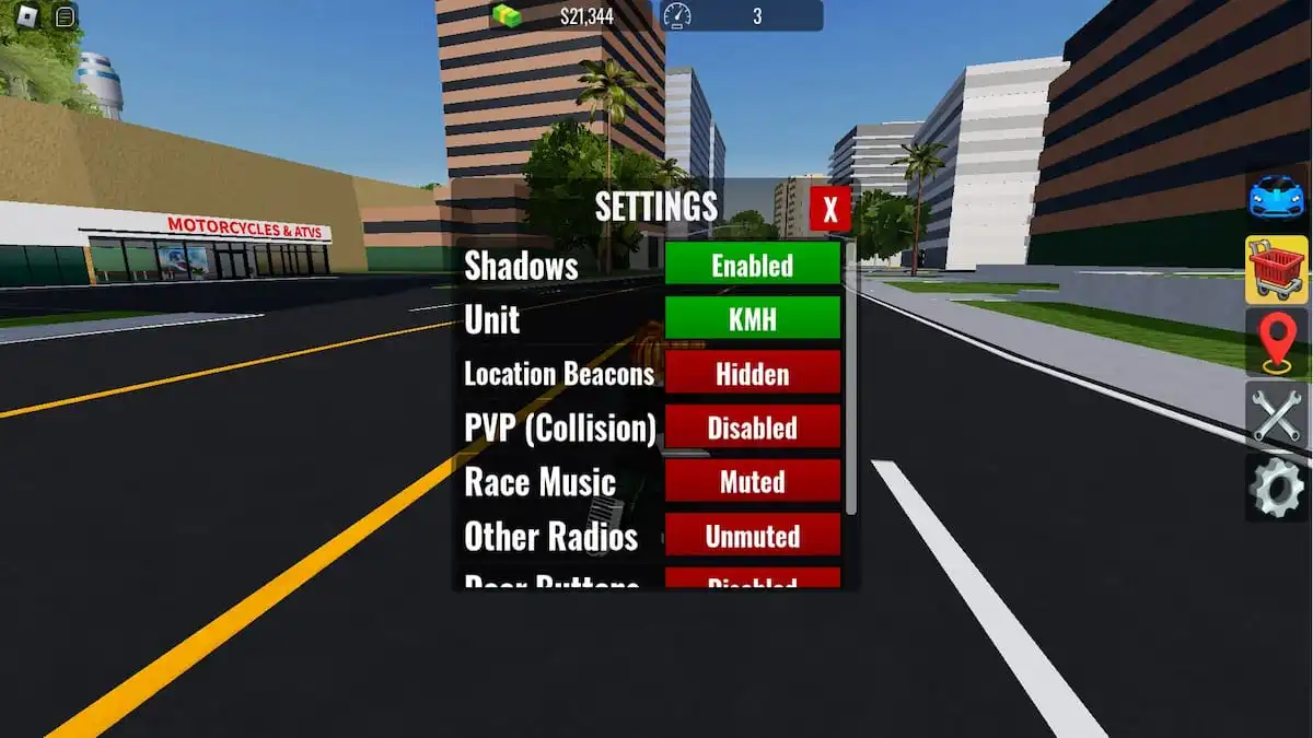 Roblox Vehicle Legends Settings window