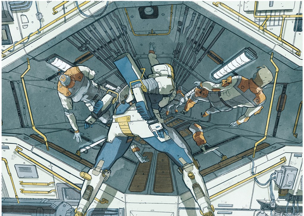 An astronaut enters a looming spaceship in shangri-la