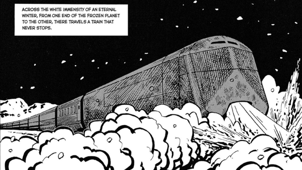 The Snowpiercer forges through ice and snow in snowpiercer