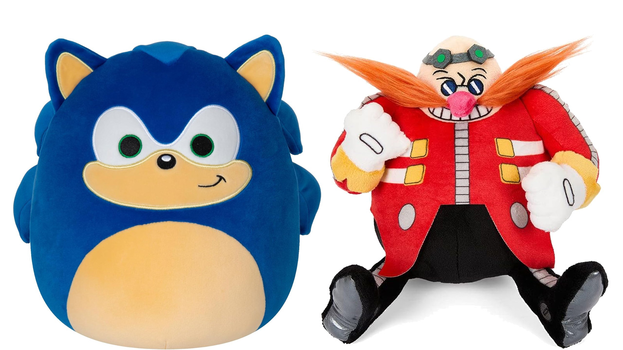 Sonic the Hedgehog, a Sonic Squishmallow and a Dr. Robotnik plush.