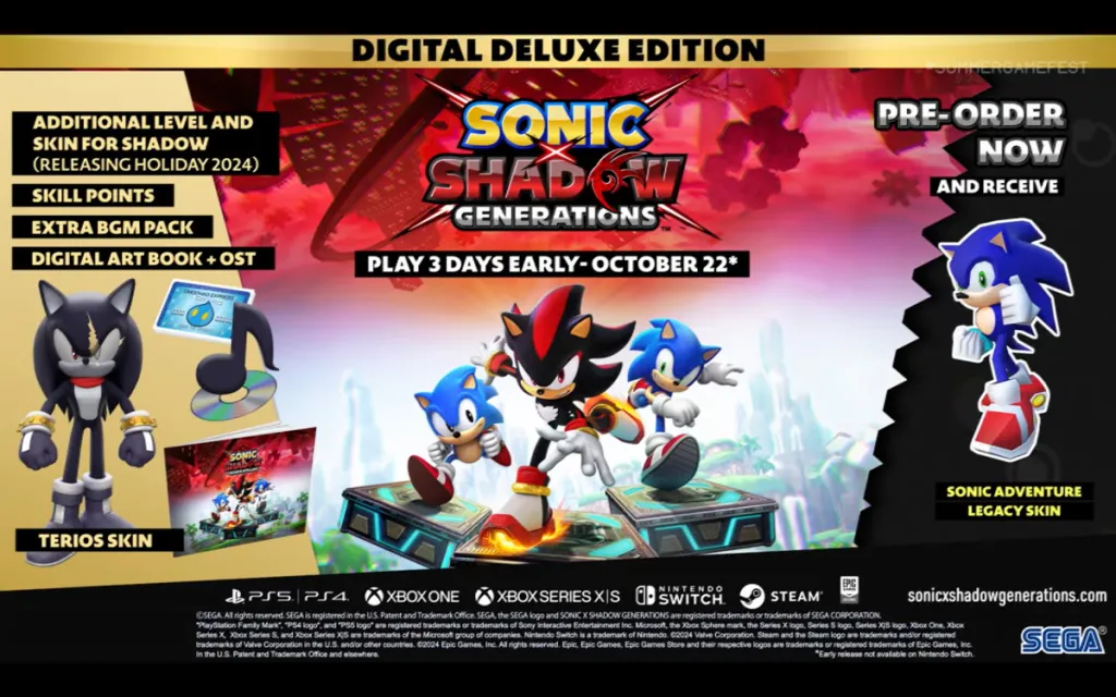 A screenshot detailing the items included in the digital deluxe version of Sonic X Shadow Generations