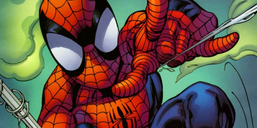 Spider-Man fires web from his wrist shooter. This image is part of an article about the 13 best Marvel Comic runs of all-time.
