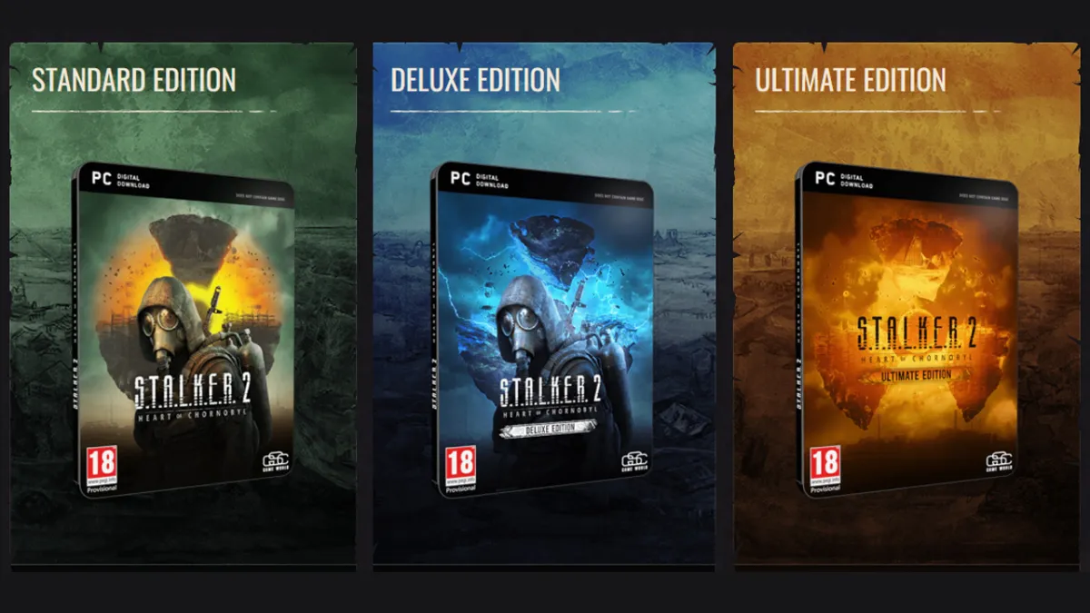 The different Stalker 2 editions, Standard, Deluxe and Ultimate, displayed in a green, blue and orange case. 