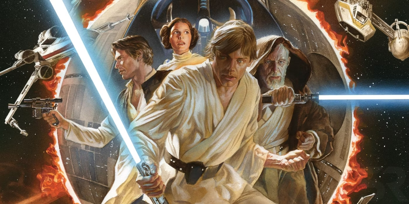 Alex Ross recreates the cover of Star Wars #1, with Luke leading the heroes