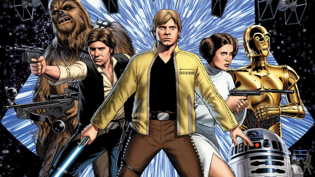 Luke leads Han, Leia, Chewbacca, and the droids