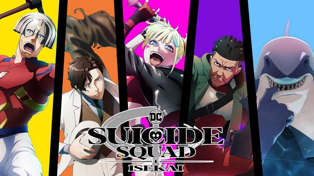 Peacemaker, Clayface, Harley Quinn, Deadshot, and King Shark from Suicide Squad Isekai
