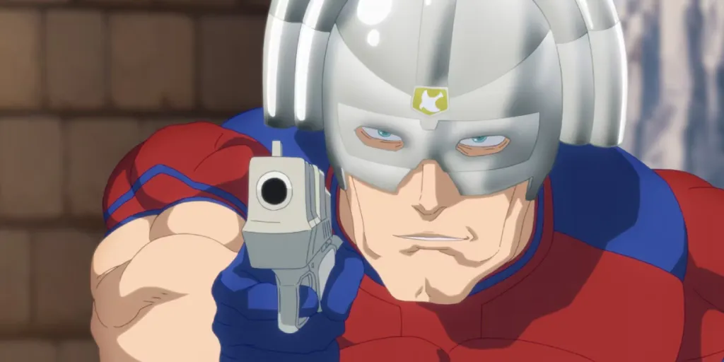 Peacemaker points his gun in Suicide Squad Isekai