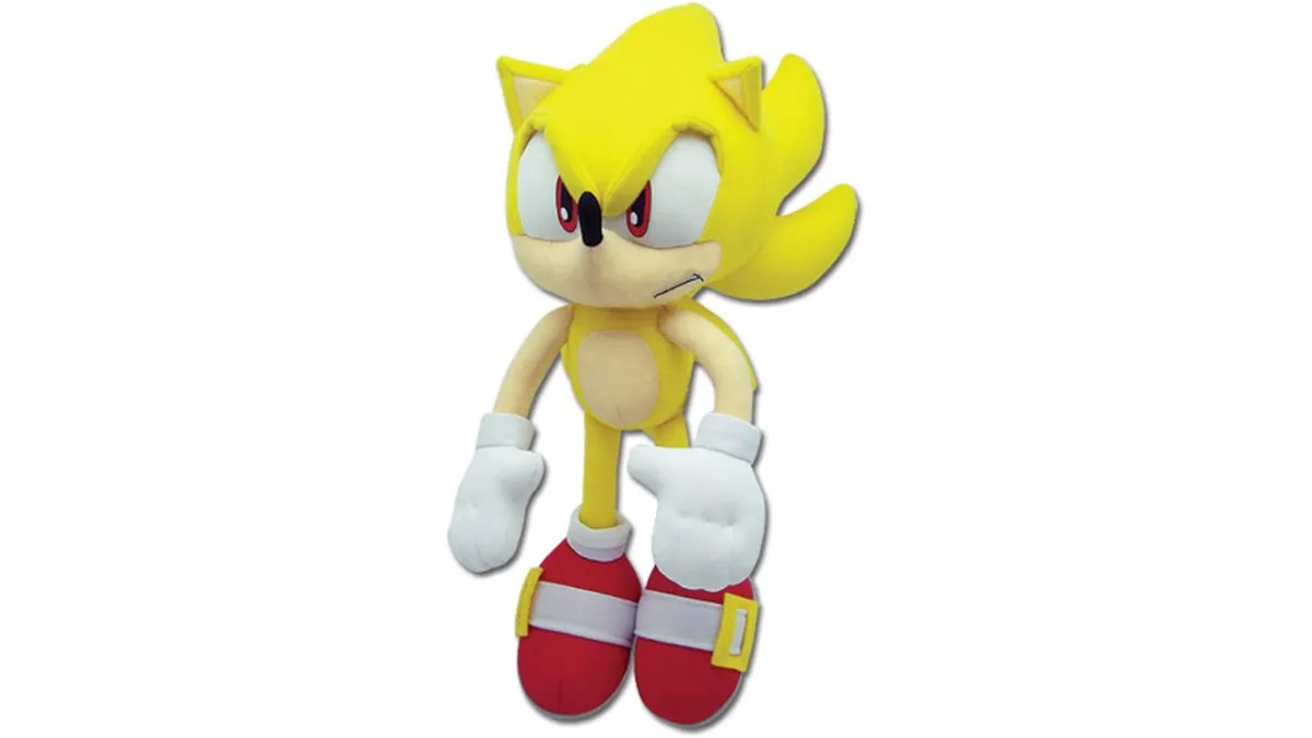 A plush of Sonic the Hedgehog in his Super Sonic form. 