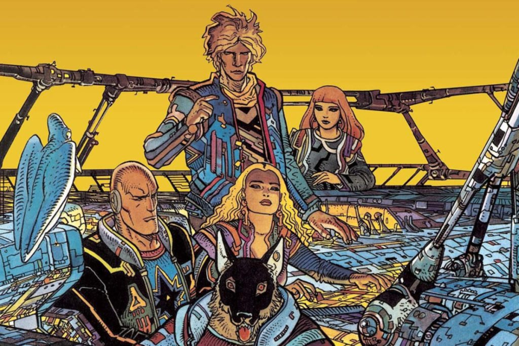 The cast of The Incal seated together against a yellow backdrop
