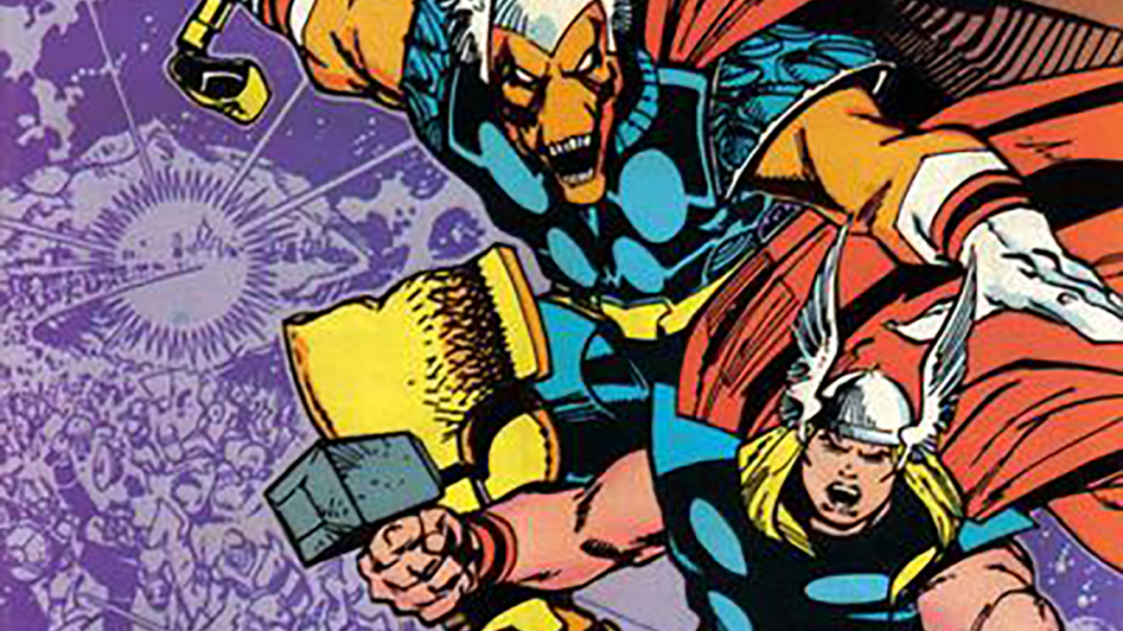Thor and Beta Ray Bill charge together in outer space. This image is part of an article about the 13 best Marvel Comic runs of all-time.