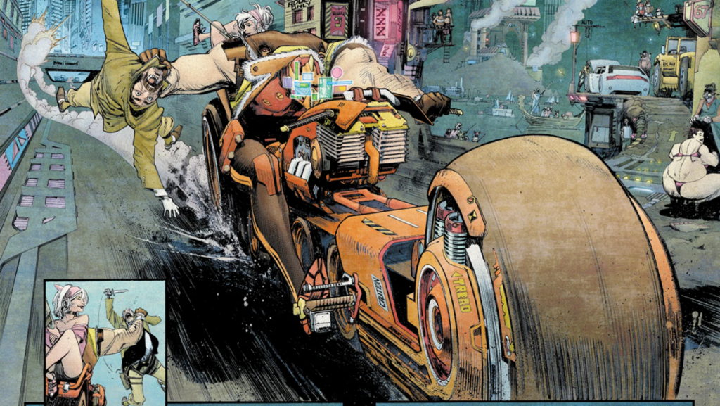 A motorcycle races through a cyberpunk overpass in Tokyo Ghost