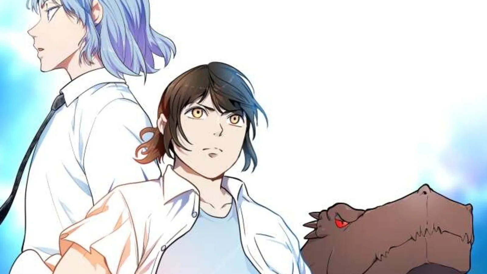 Tower of God characters with a dinosaur. This image is part of an article about the confirmed release date of Tower of God Chapter 629.