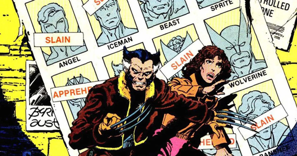 Wolverine defends Kitty Pryde by a wall of X-Men wanted posters