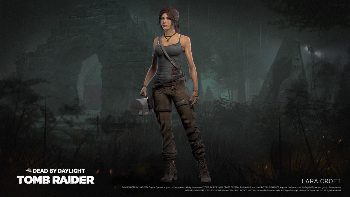 Image of Lara Croft from Dead by Daylight holding a toolbox