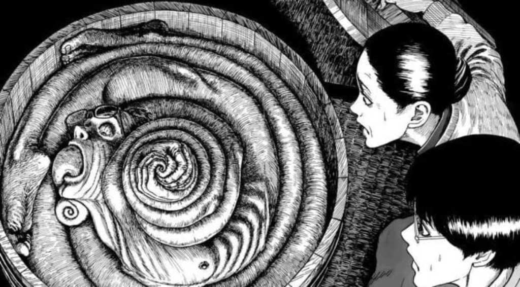 A man is distorted into a spiral shape
