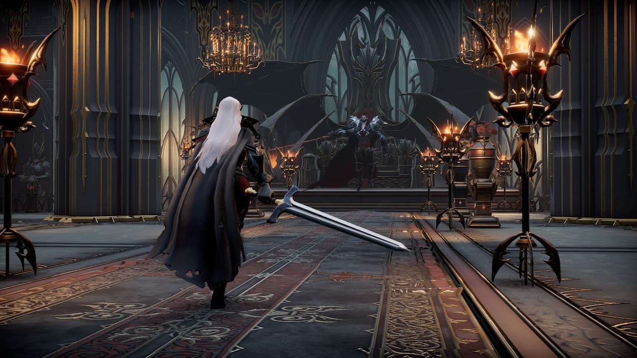 V Rising, a character viewed from behind, walking into a gothic room. They have long white hair and a sword.