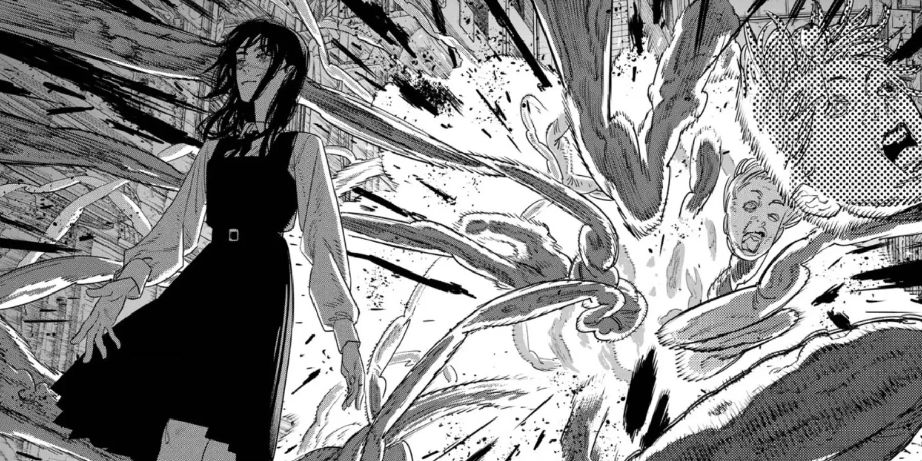 Yoru from Chainsaw Man walking from an explosion, Tatsuki Fujimoto style