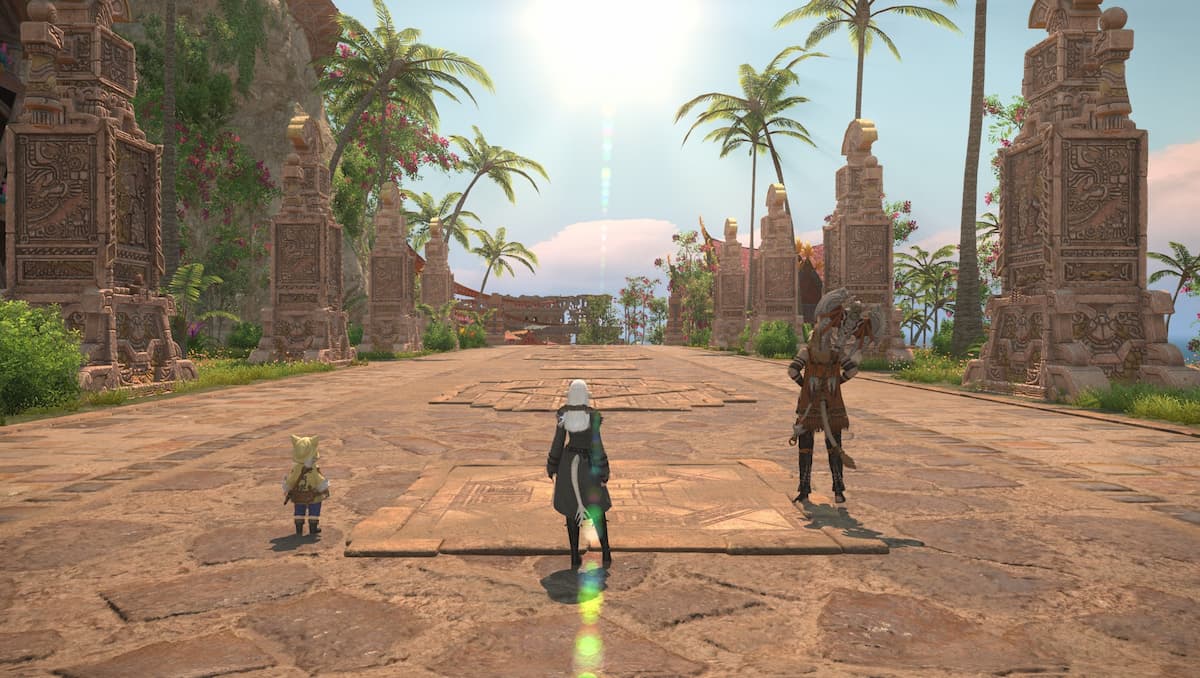Image of the player character and two others standing on a long road in FFXIV