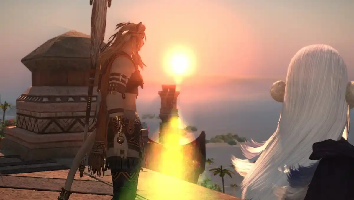 a still of wuk lamat looking over the land during a sunset in ffxiv dawntrail