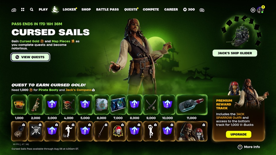 Cursed Sails pass in Fortnite as part of an article about how to unlock every Pirates of the Caribbean item in Fortnite.