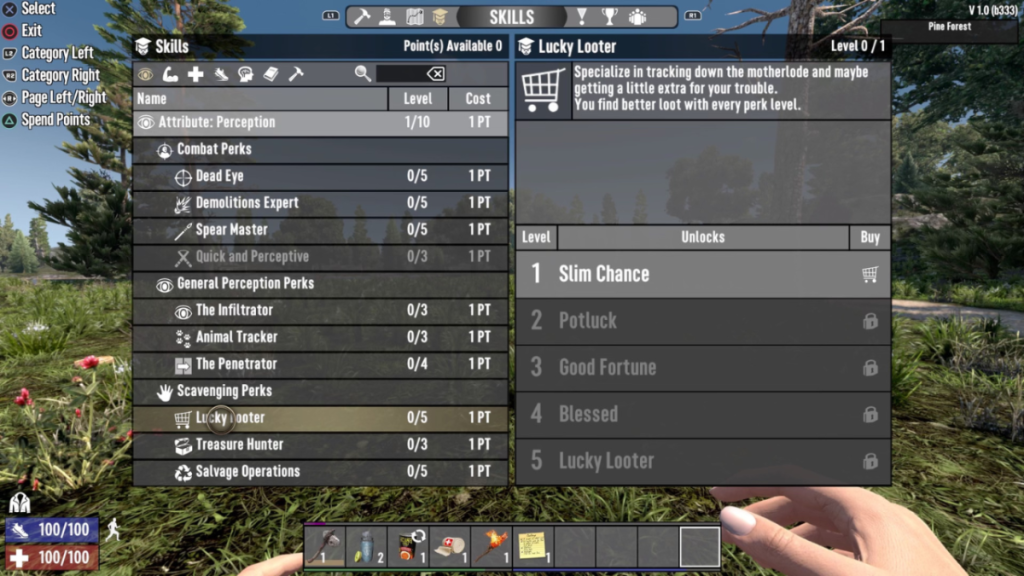 7 days to die screenshot of a list of perks under the perception attribute