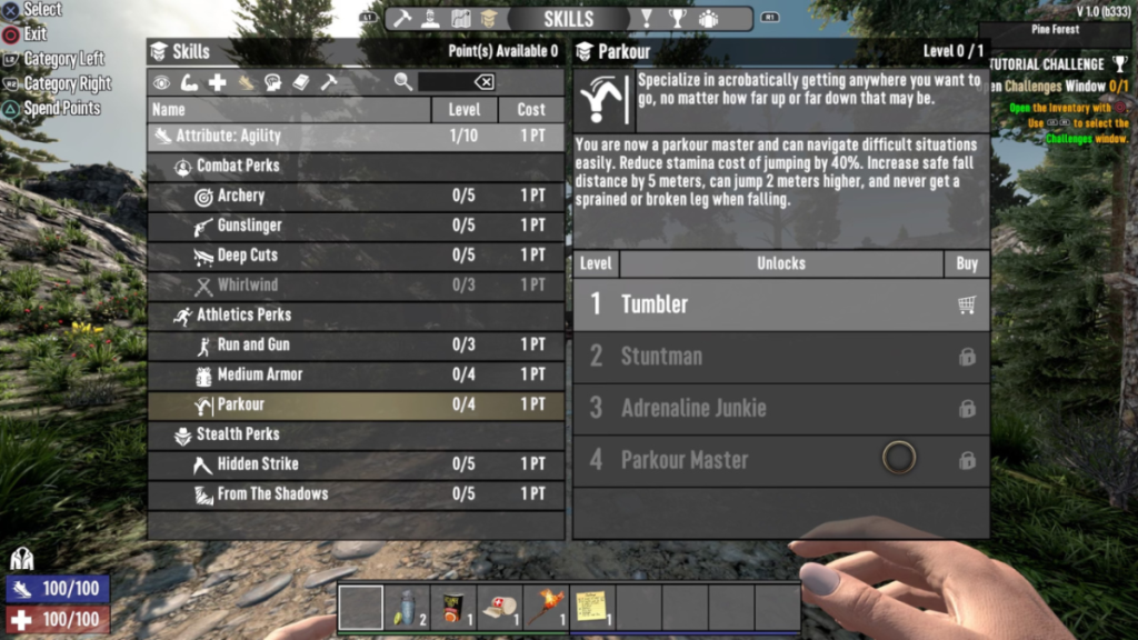 7 days to die screenshot of a list of perks under the agility attribute