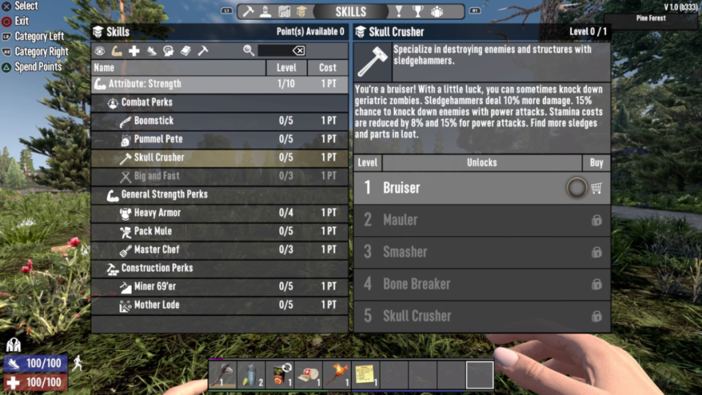 7 days to die screenshot of a list of perks under the strength attribute