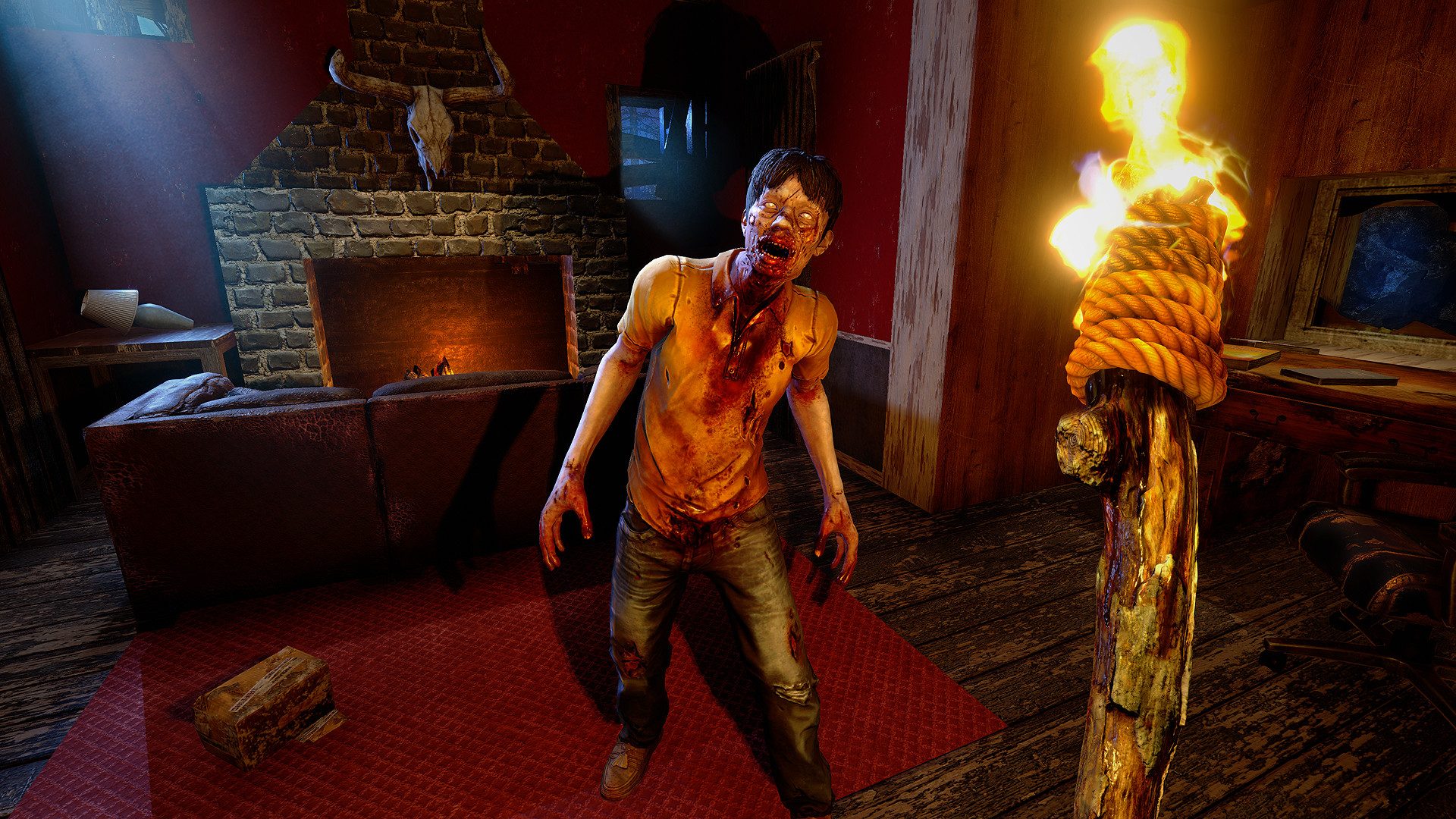 A screenshot from 7 Days to Die showing a zombie with the protagonist holding a flaming torch.