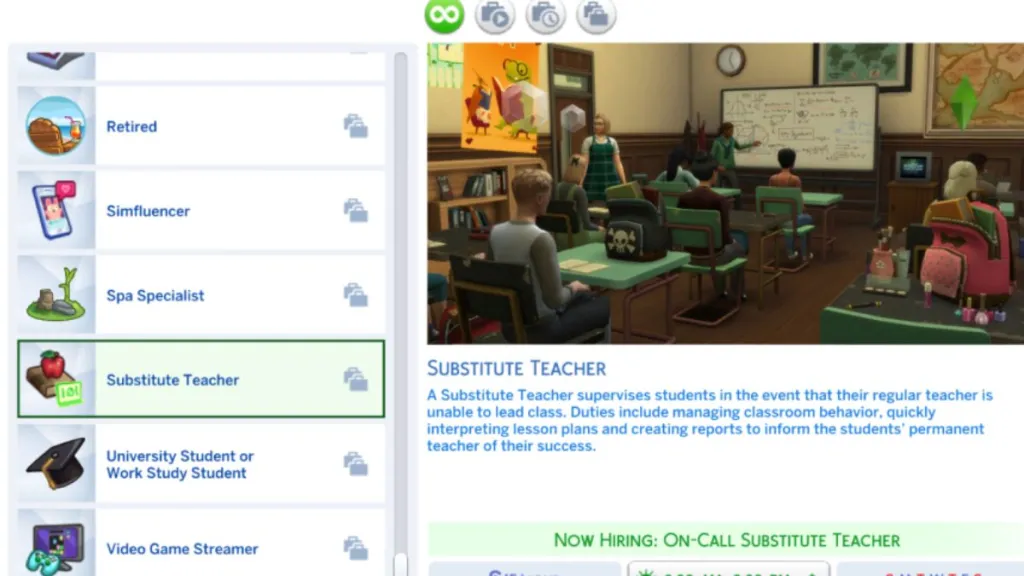 Screenshot of the Sims 4 career panel, showing the Substitute Teacher career from the Active Career mod