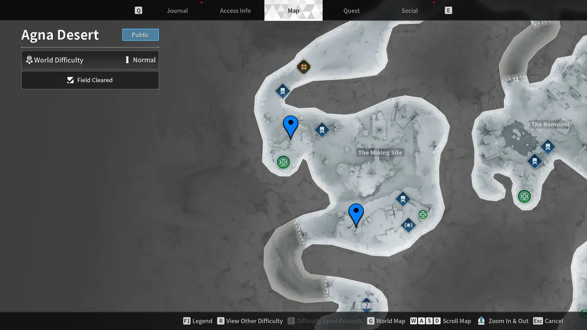 Image of Agna Desert map with two blue stamps marking the location of Encrypted Vaults in The First Descendant