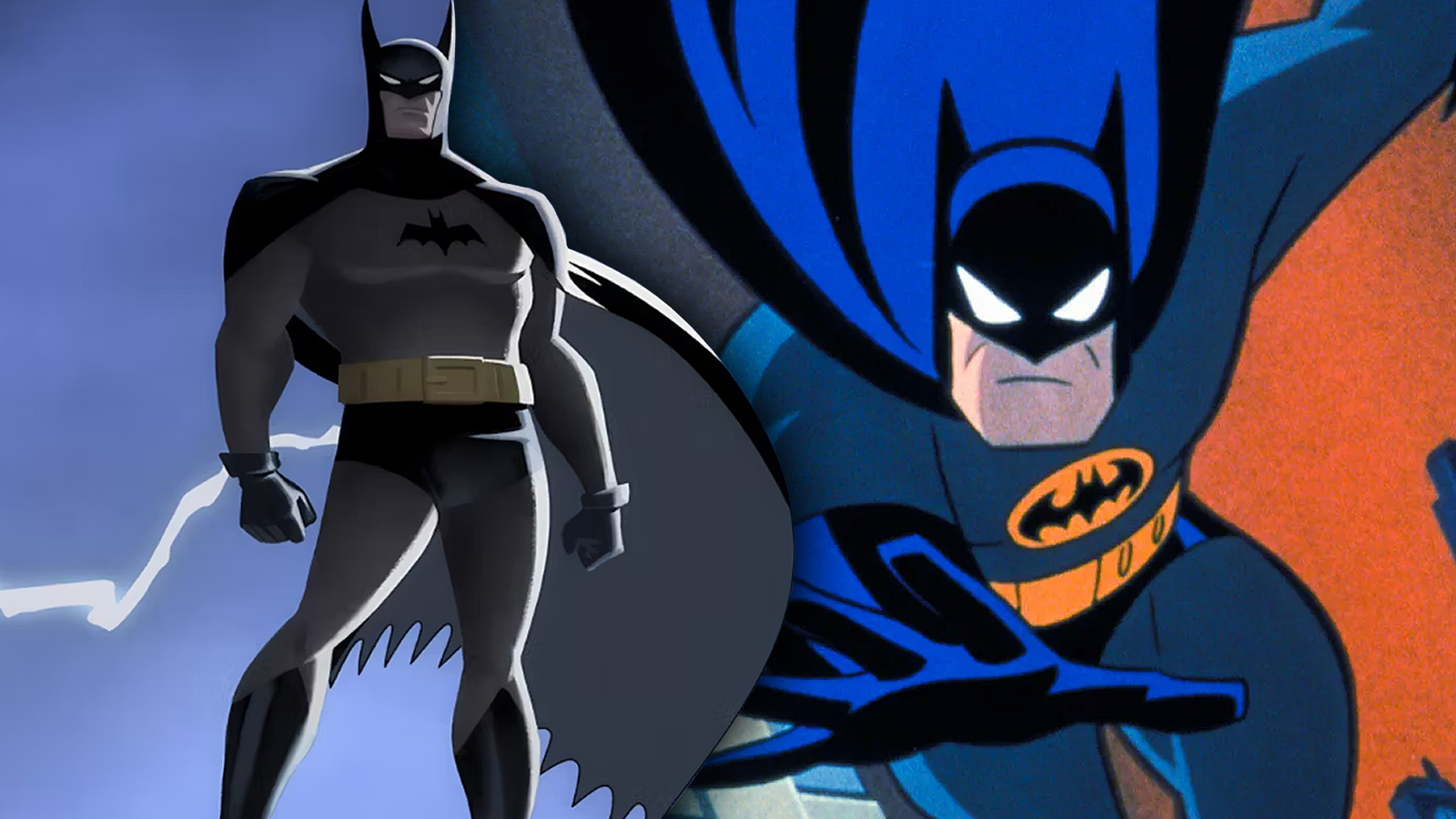 A still from Batman: Caped Crusader combined with key art for Batman: The Animated Series