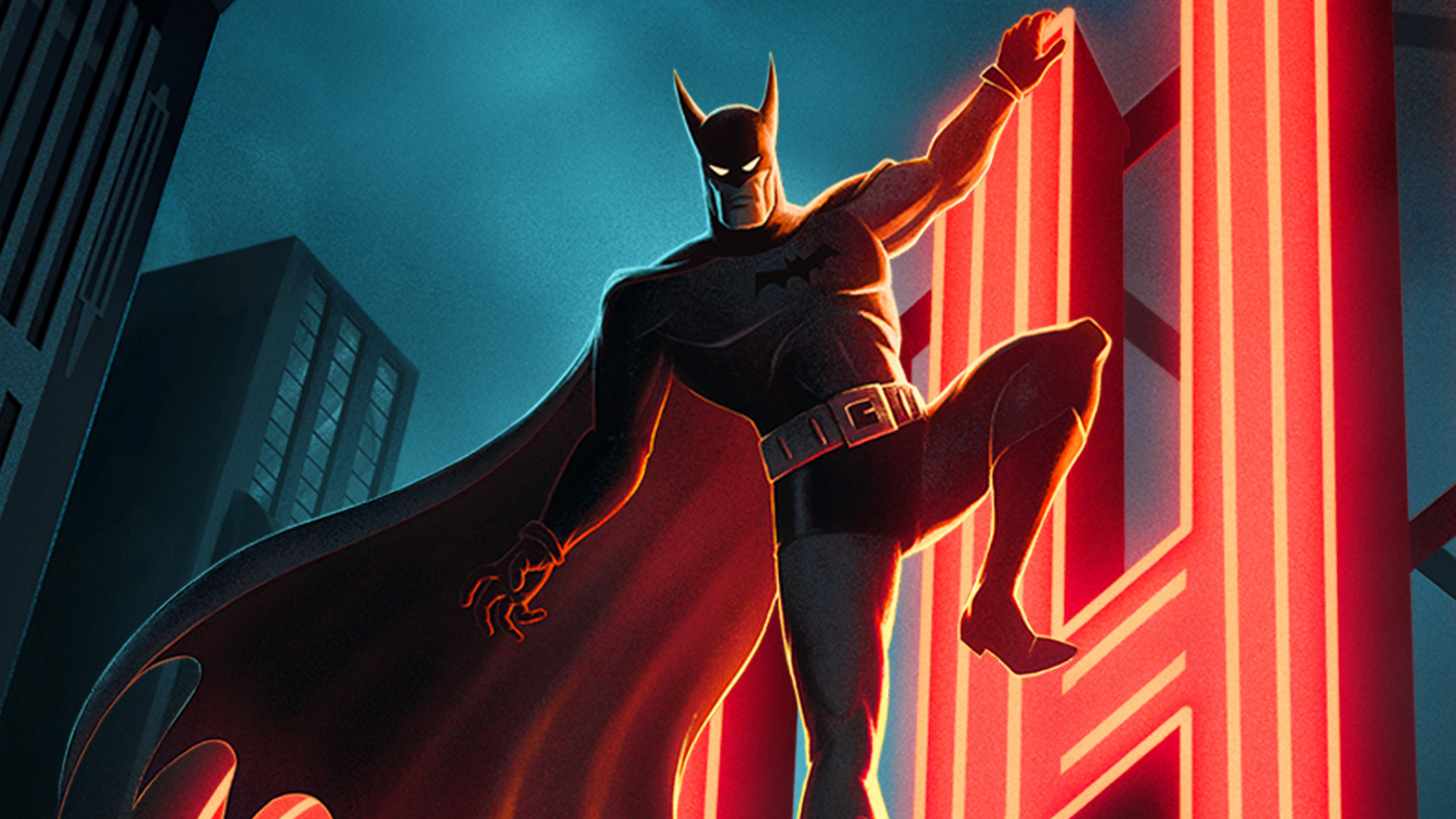 Batman hanging from a neon Gotham sign in cropped Batman: Caped Crusader art