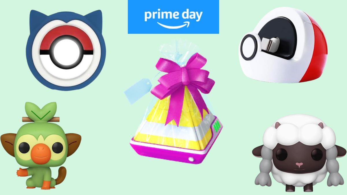 Best Prime Day Pokemon Deals banner featuring a gift from Pokemon GO surrounded by Pokemon Merch