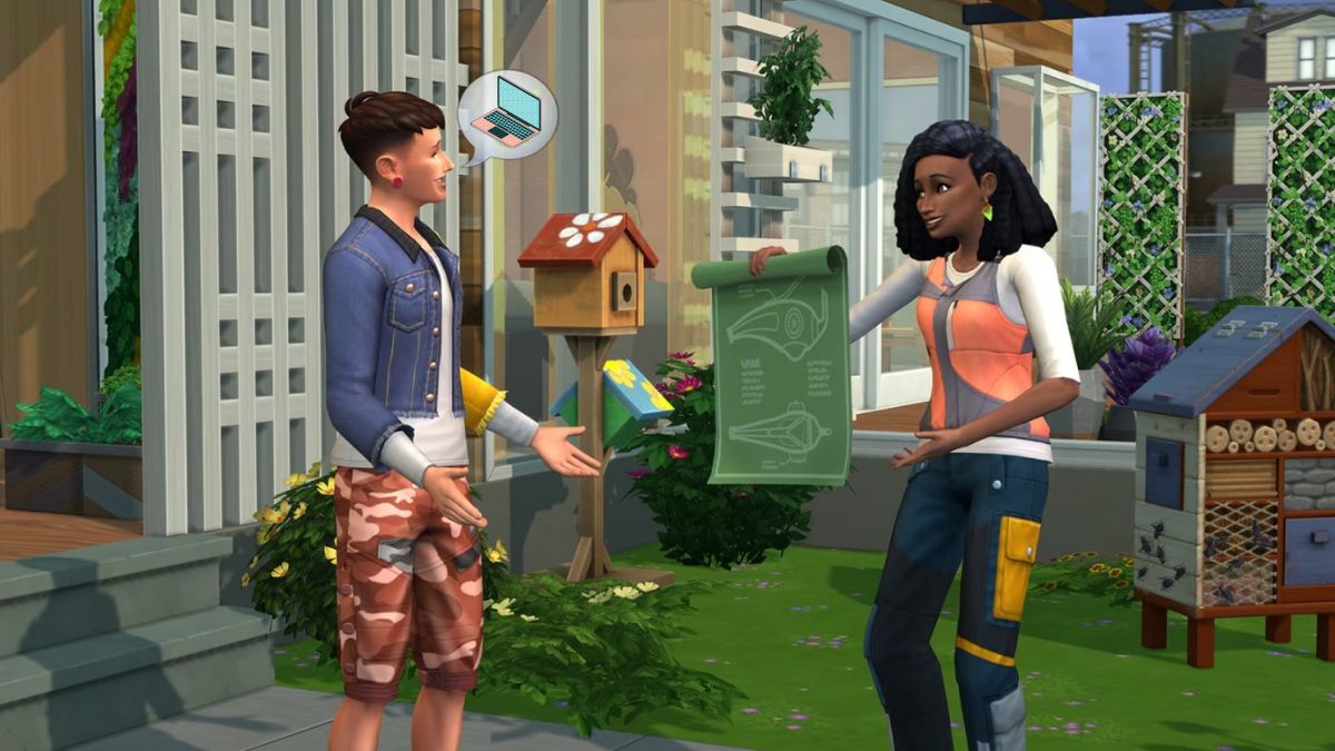 Two Sims talking in The Sims 4, one holding a blueprint and the other thinking about a computer