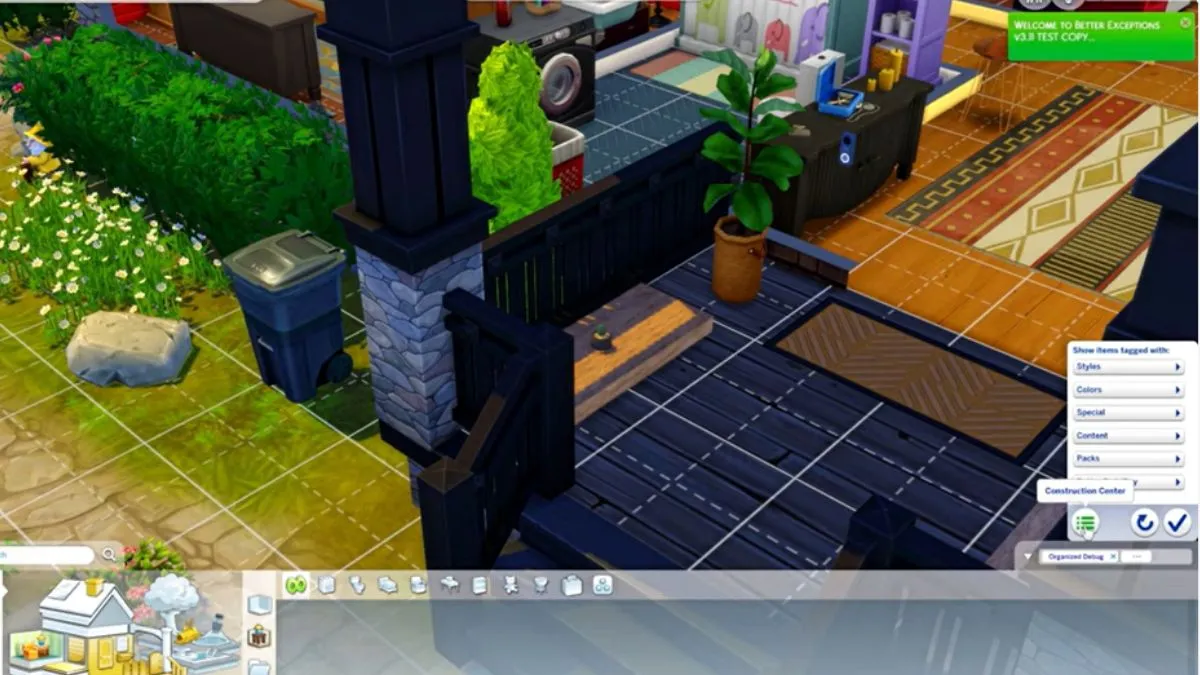 Screenshot showing The Sims 4 mod Better BuildBuy, with a set of geometric lines overlaid a house in build mode