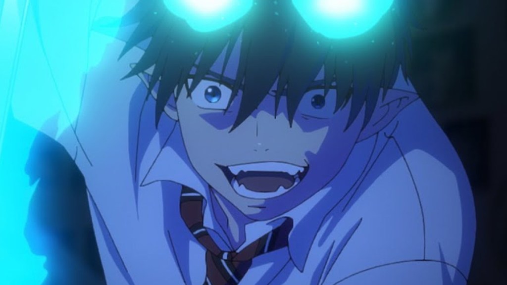 Blue Exorcist Rin Okumura using powers and grinning at camera