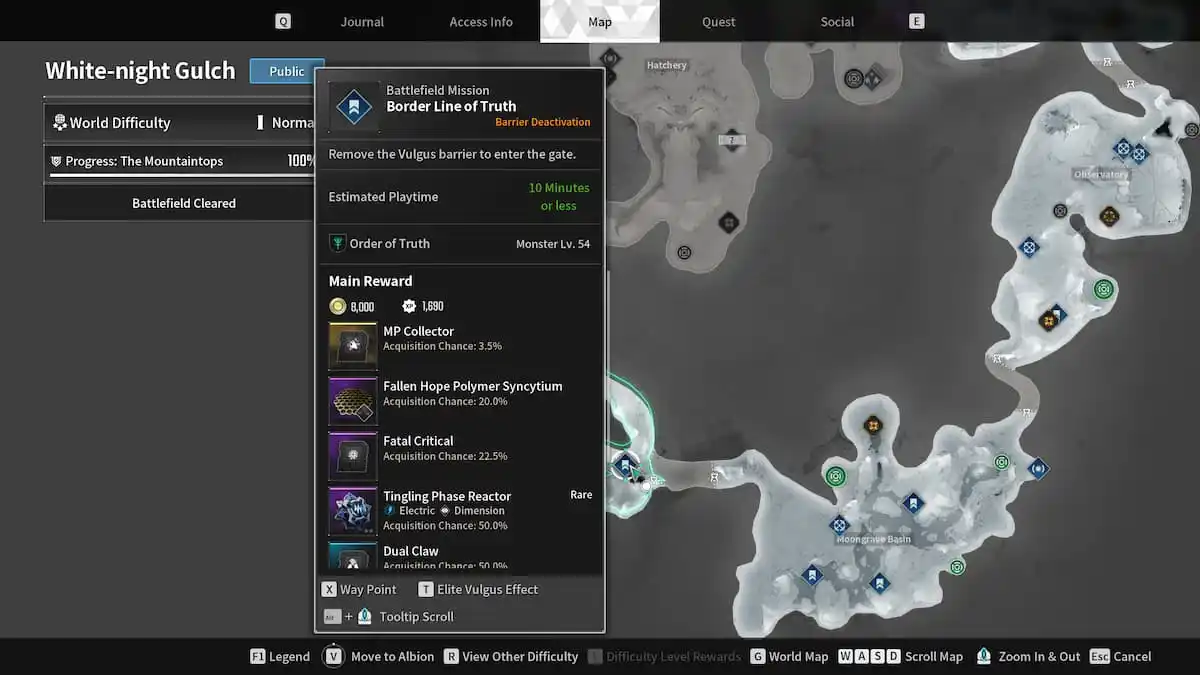 Image of the White-night Gulch map with the cursor hovering over the Battlefield Mission Border Line of Truth in The First Descendant