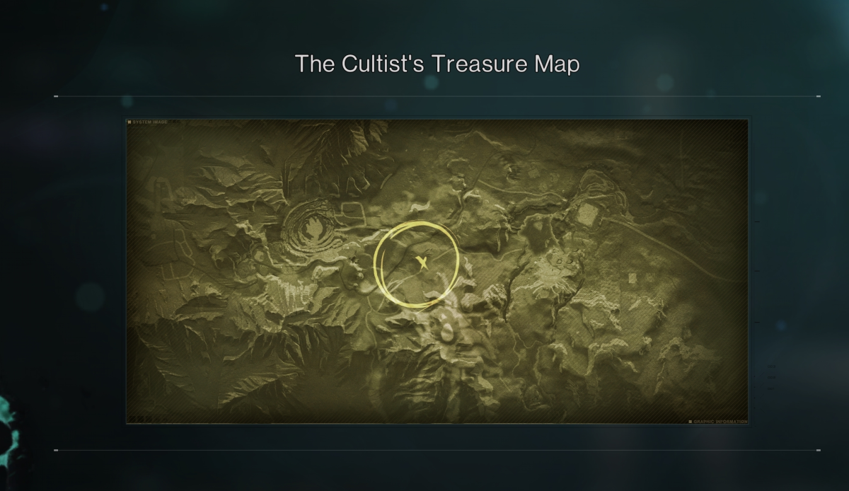 Image of the Cultists Map being examined in the player's inventory, with a yellow circle imposed over it, and an x marking the spot