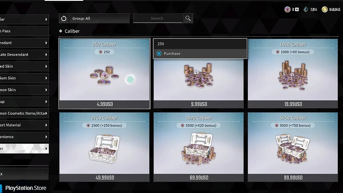 Image of the Caliber currency menu in The First Descendant.