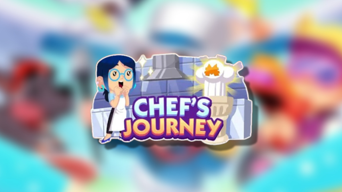 An image showcasing the latest Monopoly GO event, with the Chef's Journey logo on top of a blurred background, as part of an article on all the rewards and milestones you can get during the event.