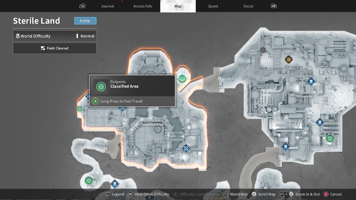 The Sterile Land map in The First Descendant, with an outpost selected in the Classified Area portion of the zone