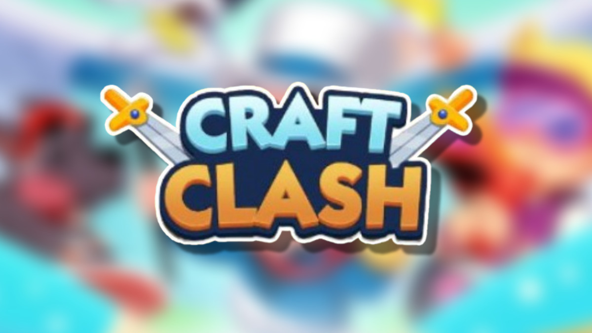 The Monopoly GO Craft Clash logo on top of a blurred Monopoly GO Background in an article detailing the rewards and milestones players can earn.