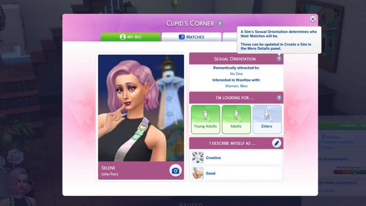 Screenshot of the Cupid's Corner Bio Page in The Sims 4 Lovestruck