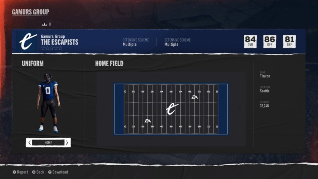 CFB 25 Team Builder screenshot of the stadium designer menu showing a home field with The Escapist logo in the center of the field