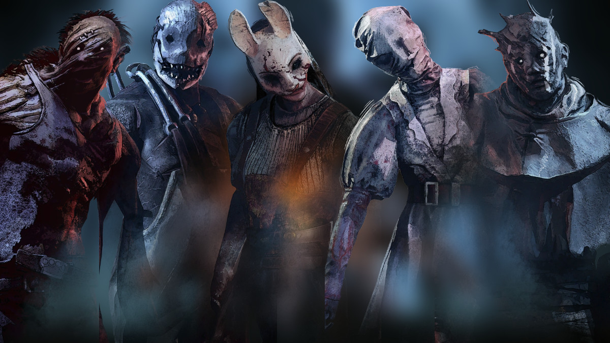 An image with The Hillbilly, The Trapper, The Huntress, The Nurse and The Wraith detailing information about the best Killer duos in Dead by Daylight's 2v8 limited time mode